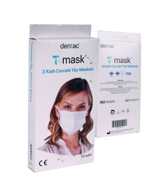 Dentac T-Mask 3 Katlı Cerrahi Yüz Maskesi Beyaz 10 Adet