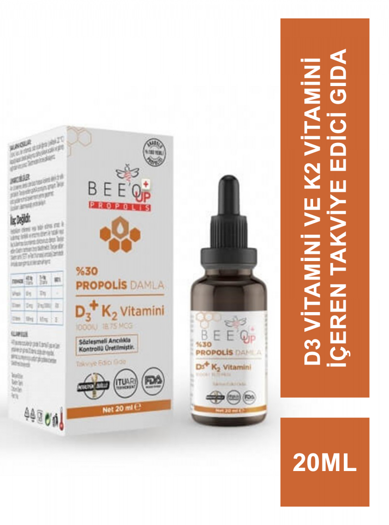 Beeo Up D3+K2 Vitamini %30 Propolis Damla 20 ml (S.K.T 04-2024)