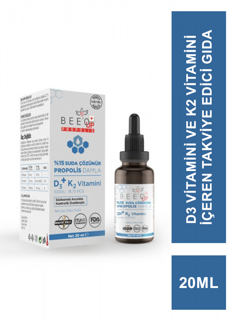 Beeo Up Propolis D3+K2 Vitamini %15 Suda Çözünür Damla 20 ml (S.K.T 04-2024)