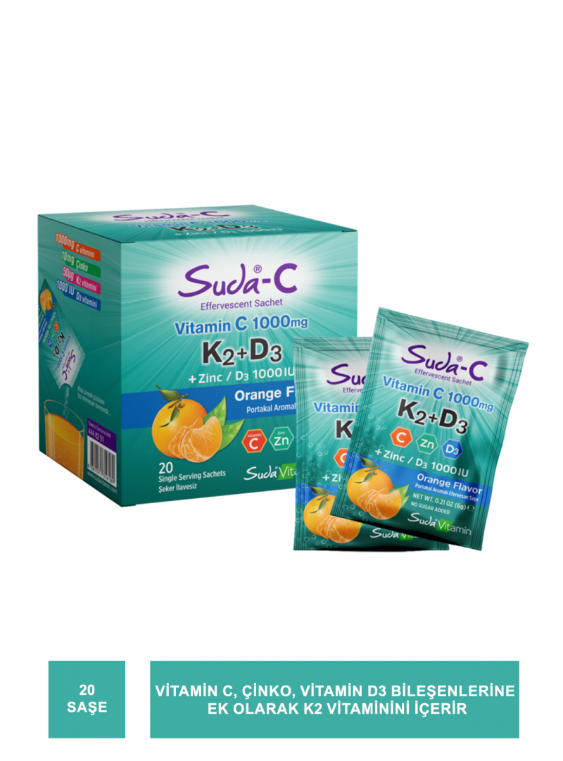 Suda Vitamin Suda-C K2+D3 Vitamin C 1000 mg  20 Saşe (S.K.T 12-2023)