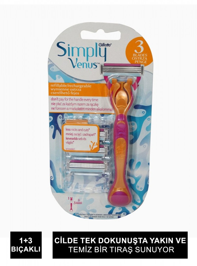 Gillette Venus Simply Kadın Tıraş Makinesi ve 3 Yedek Tıraş Bıçağı
