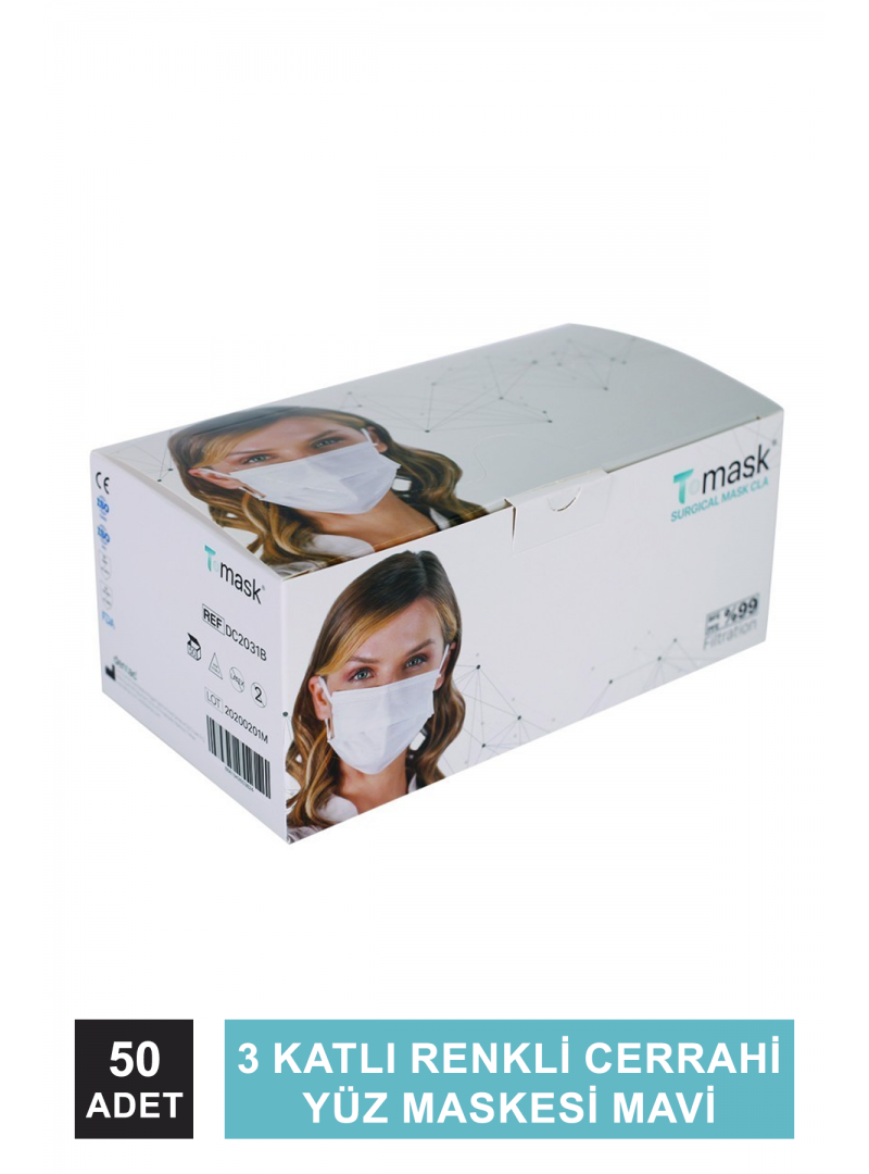 Dentac T-Mask 3 Katlı Renkli Cerrahi Yüz Maskesi Mavi 50 Adet