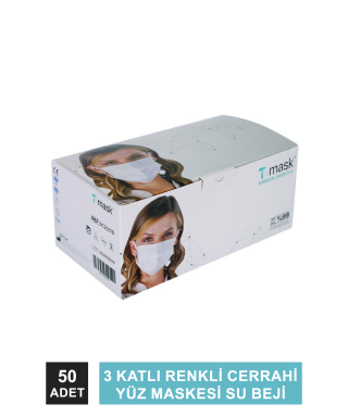 Dentac T-Mask 3 Katlı Renkli Cerrahi Yüz Maskesi Su Beji  50 Adet