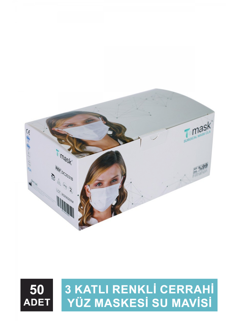 Dentac T-Mask 3 Katlı Renkli Cerrahi Yüz Maskesi Su Mavisi  50 Adet