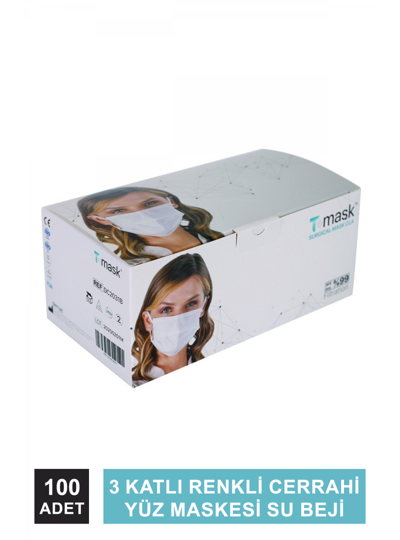 Dentac T-Mask 3 Katlı Renkli Cerrahi Yüz Maskesi Su Beji 100 Adet (2 x 50LI Kutu)