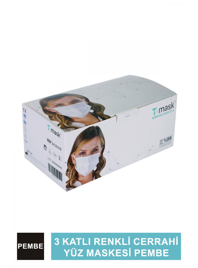 Dentac T-Mask 3 Katlı Renkli Cerrahi Yüz Maskesi  Pembe  50 Adet