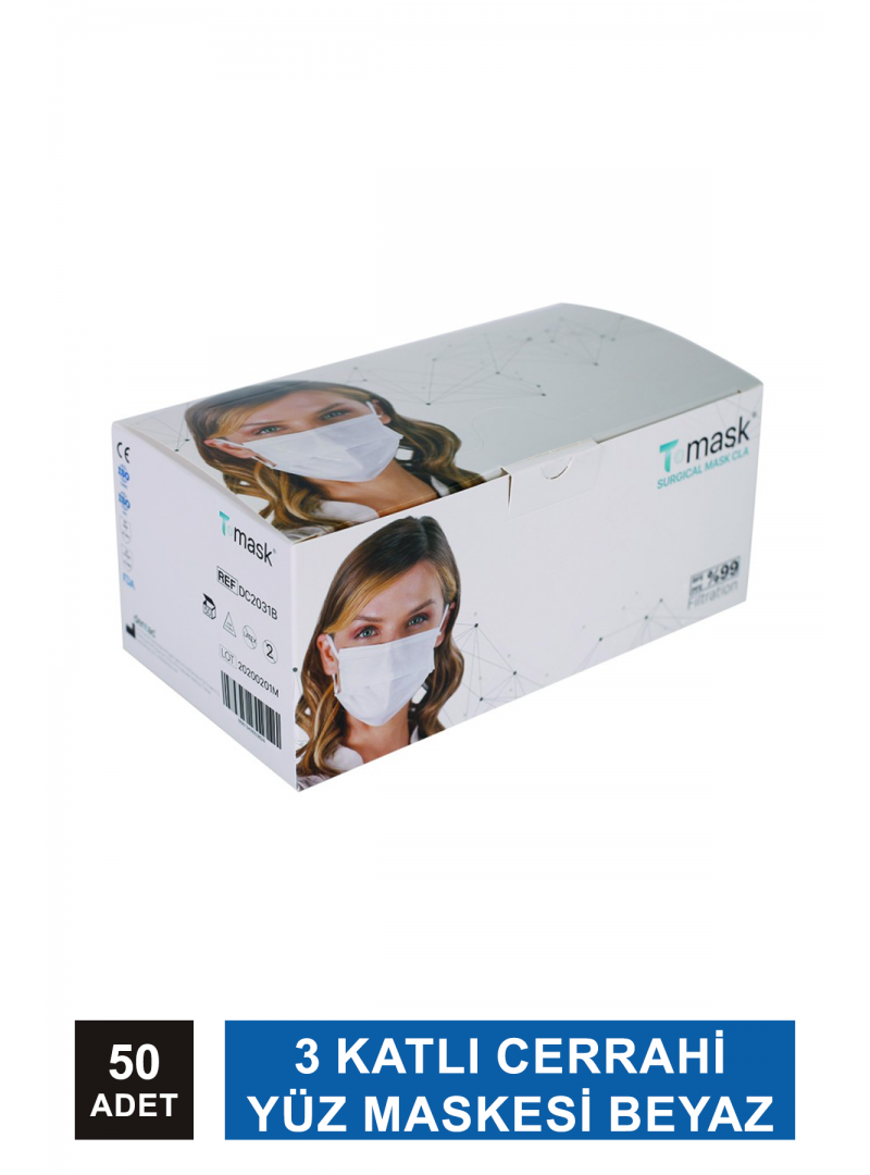 Dentac T-Mask 3 Katlı Cerrahi Yüz Maskesi Beyaz 50 Adet