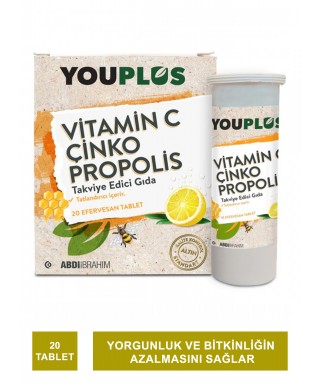 Youplus Vitamin C Çinko Propolis 20 Efervesan Tablet x 3 Adet (S.K.T 09-2023)