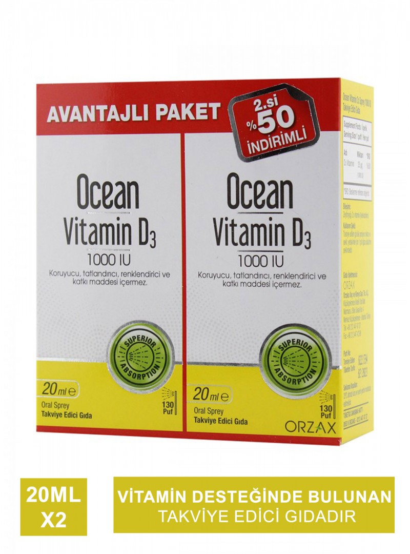 Ocean Vitamin D3 1000 IU 20 ml Sprey x 2 Adet  Avantajlı Paket