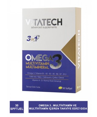 Outlet - Vitatech 3 in 1 Omega 3 Takviye Edici Gıda 30 Soft Jel