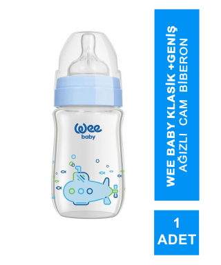 Wee Baby Klasik+ Geniş Ağızlı Cam Biberon 0-6 Ay ( Mavi ) 180 ml (No:140)