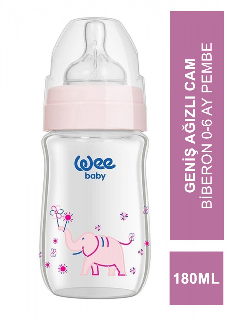 Wee Baby Klasik+ Geniş Ağızlı Cam Biberon 0-6 Ay ( Pembe ) 180 ml (No:140)