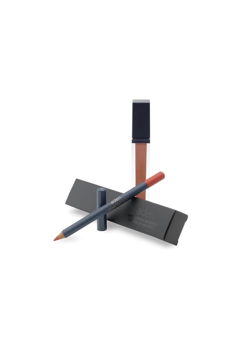 Aden Liquid Lipstick + Lipliner Pencil Set ( 03 Rosie Brown )