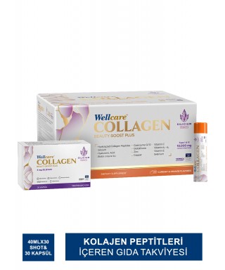 Wellcare Collagen Beauty Boost Plus ( Frenk Üzümü & Portakal Aromalı ) 10.000 mg Likit Form 40mlx30Shot & 30 Kapsül