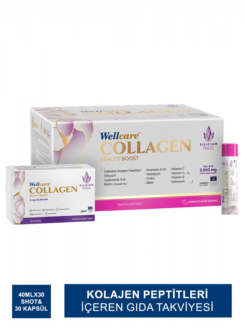 Wellcare Collagen Beauty Boost Plus ( Karpuz & Nane Aromalı ) 5500 mg Likit Form 40mlx30Shot & 30 Kapsül